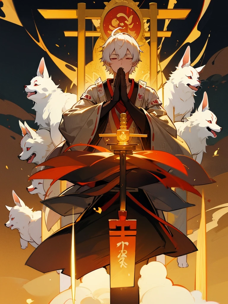 Buddha,Burning Eyes, horn, white short hair, black armor, torii, man, full moon, hands together in prayer, Zen meditation Golden guardian dog Japanese sword