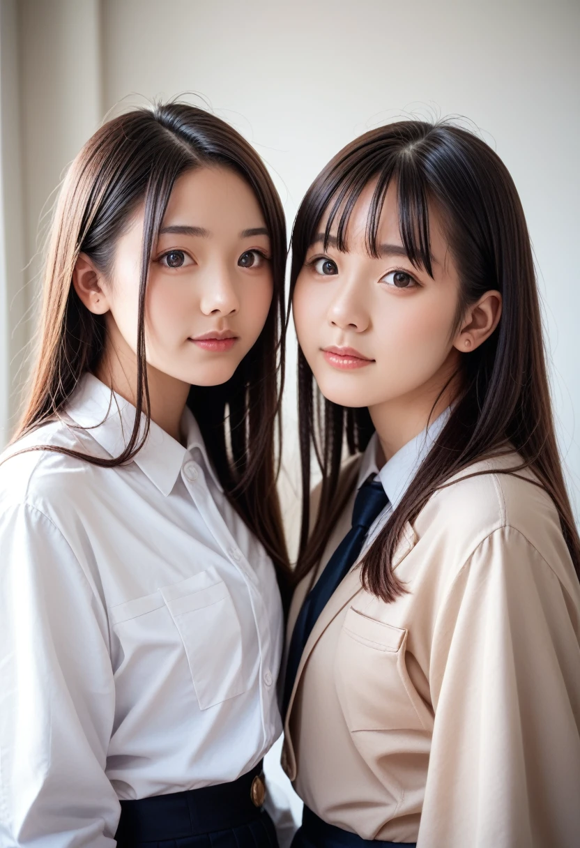 8k, raw photo, best quality, masterpiece, realistic, photo realistic, clear, professional lighting, beautiful face, best quality,ultra high res, realistic japanese beautiful, Super detailed, 2girls, rotational symmetry