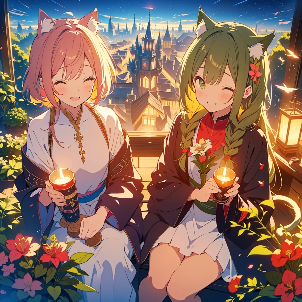 kawaii, anime, Cute, hyper quality, highly detailed, 8k, Front facing, Clarity, brown long hair, green eyes, smile, whole body, Cat ear, amaryllis, Close your eyes and smile with your mouth open, fly in the sky, good sisters, Cat ears stick out from the witch's hat, witch's black robe, fantasy, fog effect, particles of light, Uplifting, magically floating in the air, bird's eye view, flower blooming hill, colorful amaryllis, Cityscape lit with lights, starry sky, clock tower, iris, You can see the cityscape in the distance, fly in the sky with a broom, western witch, medieval cityscape, golden eyes, amaryllis flower, magic effect, wizard's robe, cat ears, close your eyes and laugh,