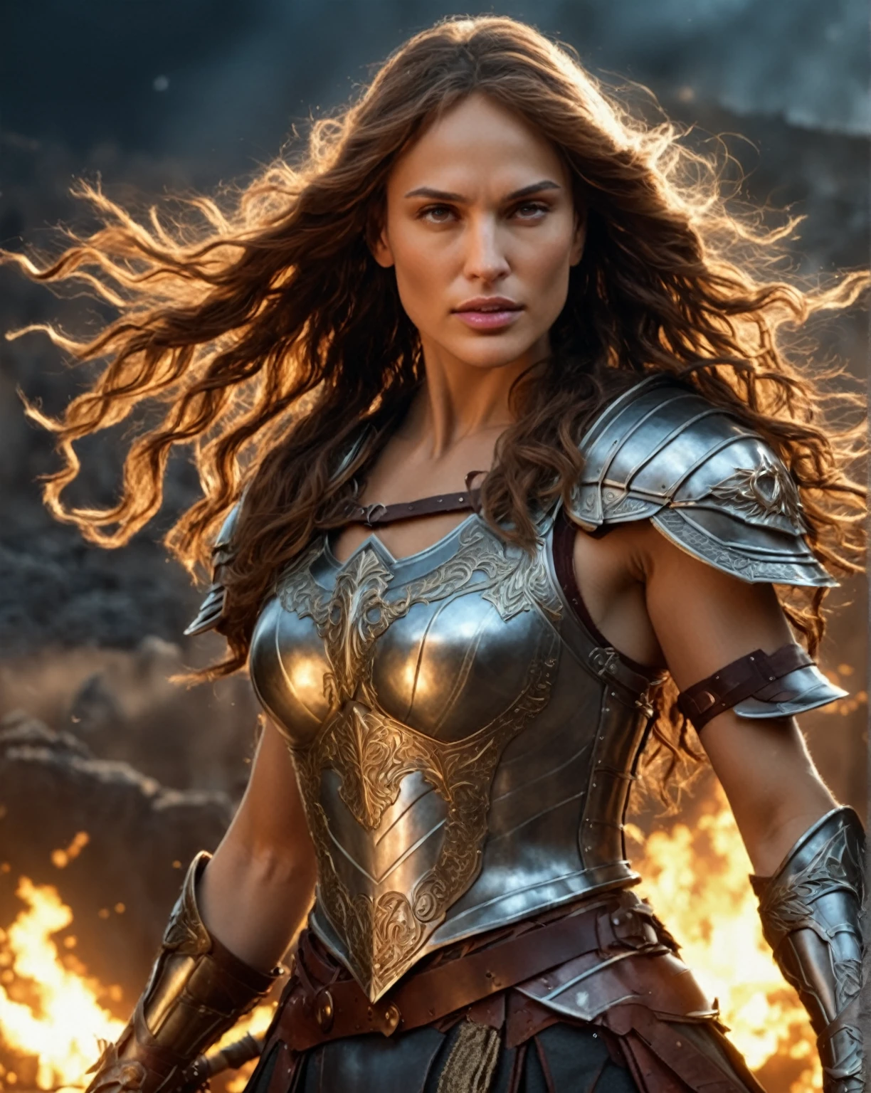 a woman in armor standing in front of a fire, beautiful female knight, of a beautiful female knight, gorgeous female paladin, gal gadot as hell lord, beautiful female warrior, fantasy paladin woman, girl in knight armor, a beautiful woman warrior, natalie portman as a goddess, warrior woman, karol bak uhd, warrior girl, elven warrior princess