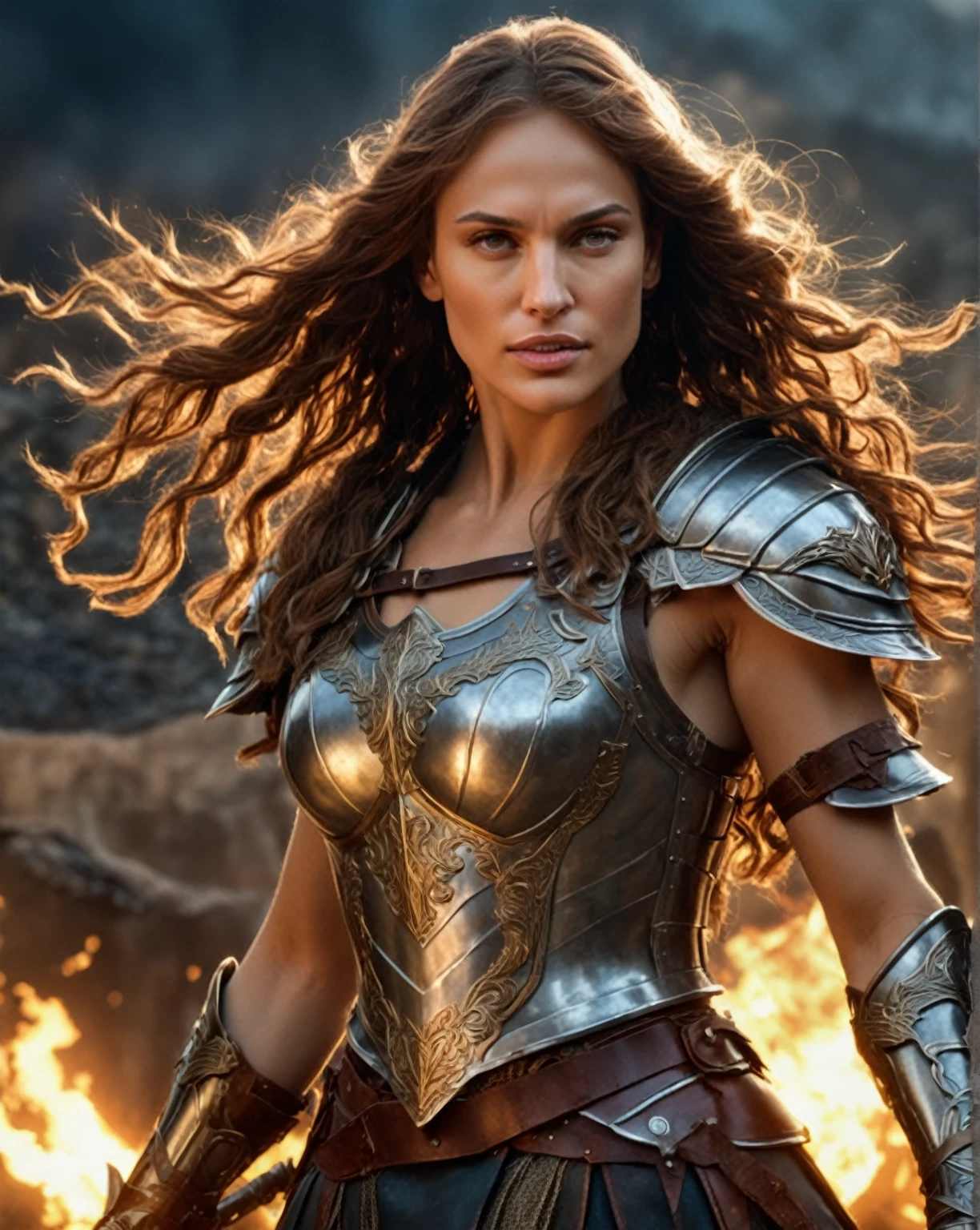 a woman in armor standing in front of a fire, beautiful female knight, of a beautiful female knight, gorgeous female paladin, gal gadot as hell lord, beautiful female warrior, fantasy paladin woman, girl in knight armor, a beautiful woman warrior, natalie portman as a goddess, warrior woman, karol bak uhd, warrior girl, elven warrior princess