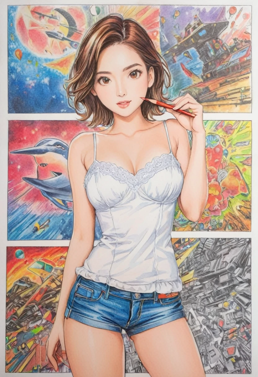 female,short camisole,white,Art,ad,colour pencil drawing,draft drawing ,comic collage