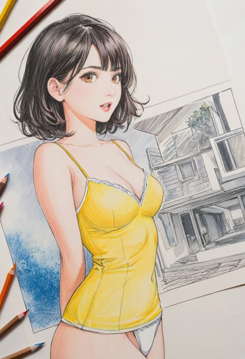female,short camisole,white,Art,ad,colour pencil drawing,draft drawing ,comic collage