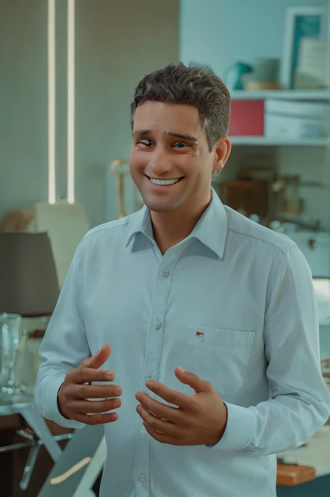 man with hands showing smiling happily