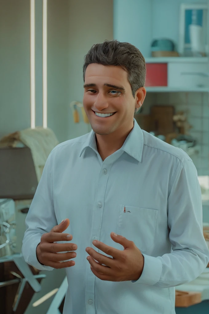 man with hands showing smiling happily