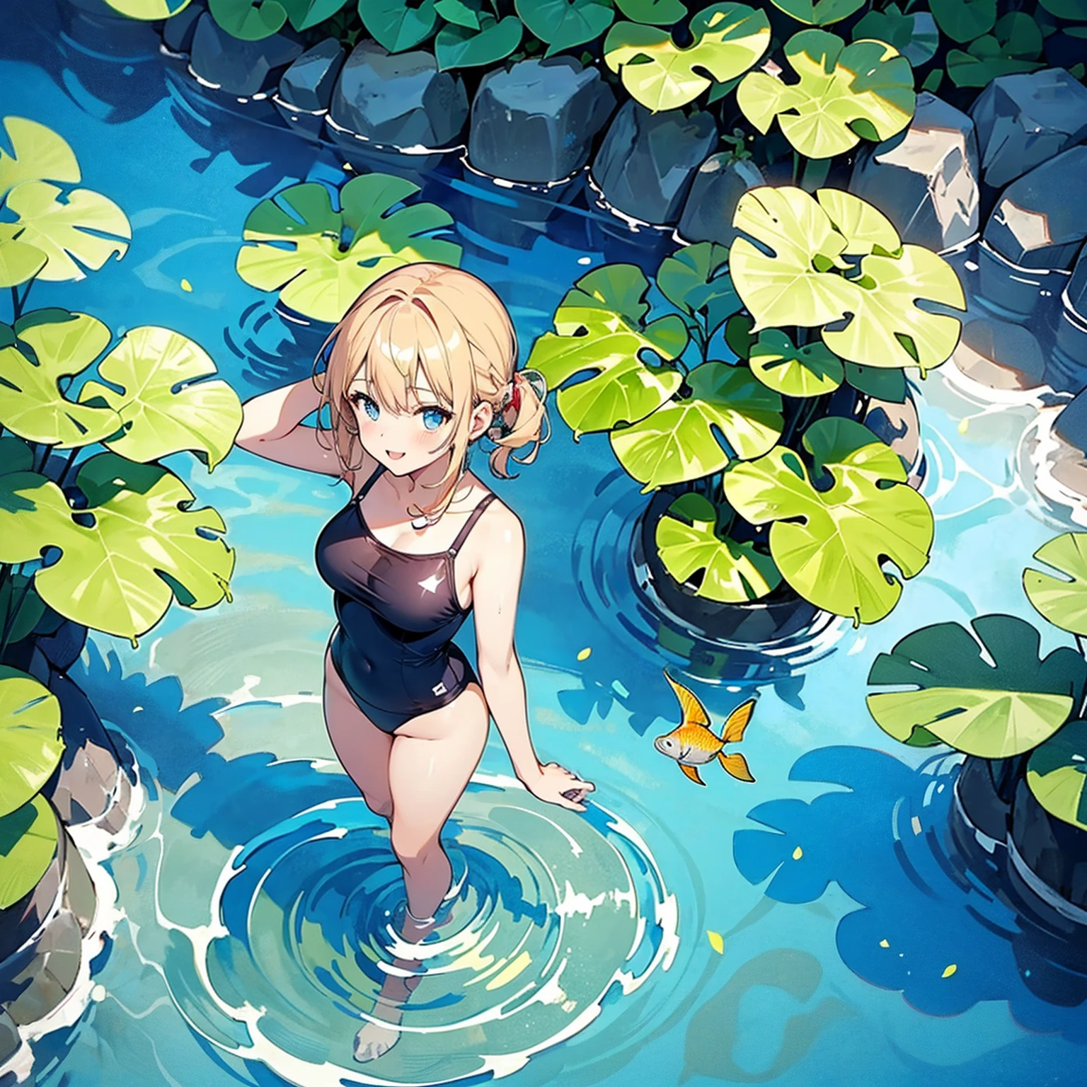 Woman walking on calm water, ((from above:1.5)), From above, Overlooking、Dancing Woman、Bottom Fish, Aquatic plants, Pool, Fish shadow