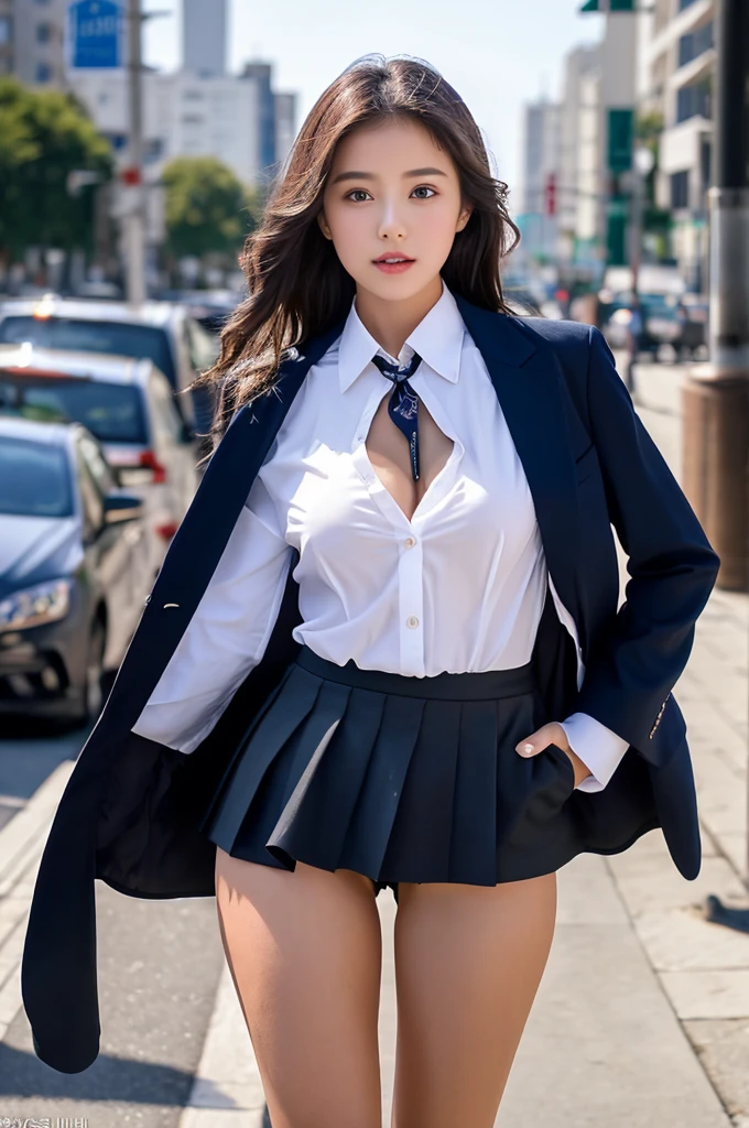 a  girl, she is the most beautiful actress in the world, the perfect body proportions of this girl, the blazer is appropriately buttoned upthe formal shirt above the short skirt that's hardly covering the panties betweenre legs, indirect bulge of her unexposed large breasts, her crotch be short skirt is seen just 1 cm, it's only one description of one body, it from right above her head to right below her shins are within the space, the front of her body, looking forward to viewer, she is standing, at the city street, nsfw, best quality, highly detailed, masterpiece, ultra high res, photo realistic, 8k, RAW photo