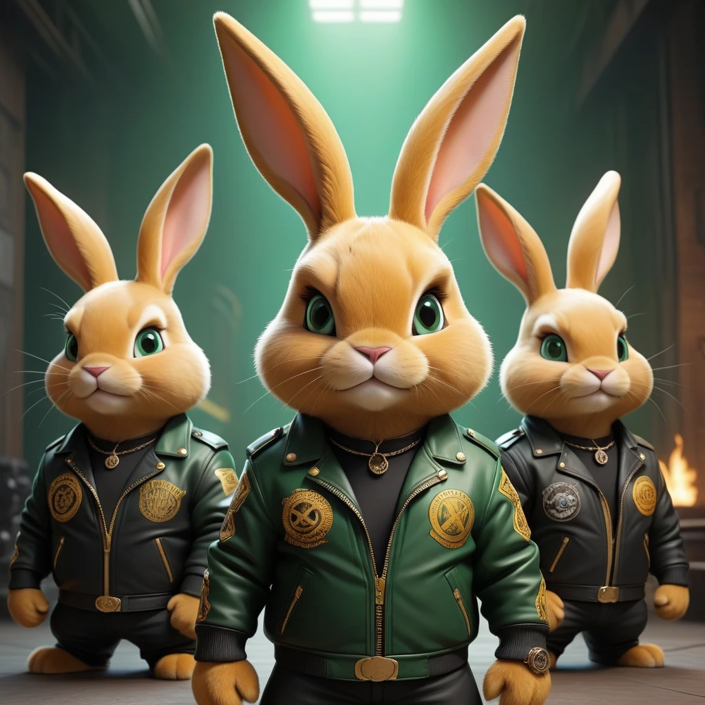 cartoon of (a tough rebel black golden bunny dressed as a gang of golden bikers, green leather jacket, Mohican:2.5), looking ahead at viewer, Symmetrical, chromatic fantasy, highy detailed, 8k, digitalpainting, oil painting, illustration, conceptual artwork, sharp focus, volumetric lighting, epic composition, CG Society, golden art station