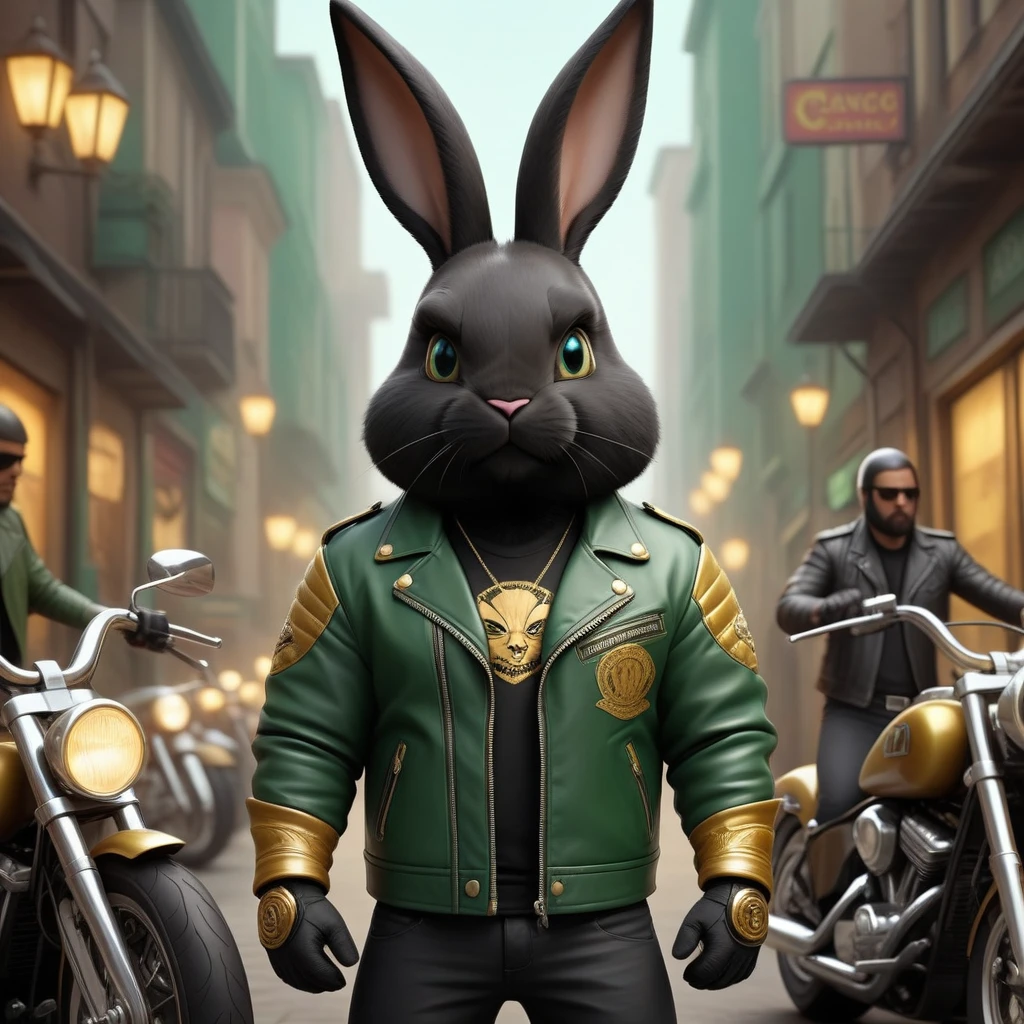 cartoon of (a tough rebel black golden bunny dressed as a gang of golden bikers, green leather jacket, Mohican:2.5), looking ahead at viewer, Symmetrical, chromatic fantasy, highy detailed, 8k, digitalpainting, oil painting, illustration, conceptual artwork, sharp focus, volumetric lighting, epic composition, CG Society, golden art station