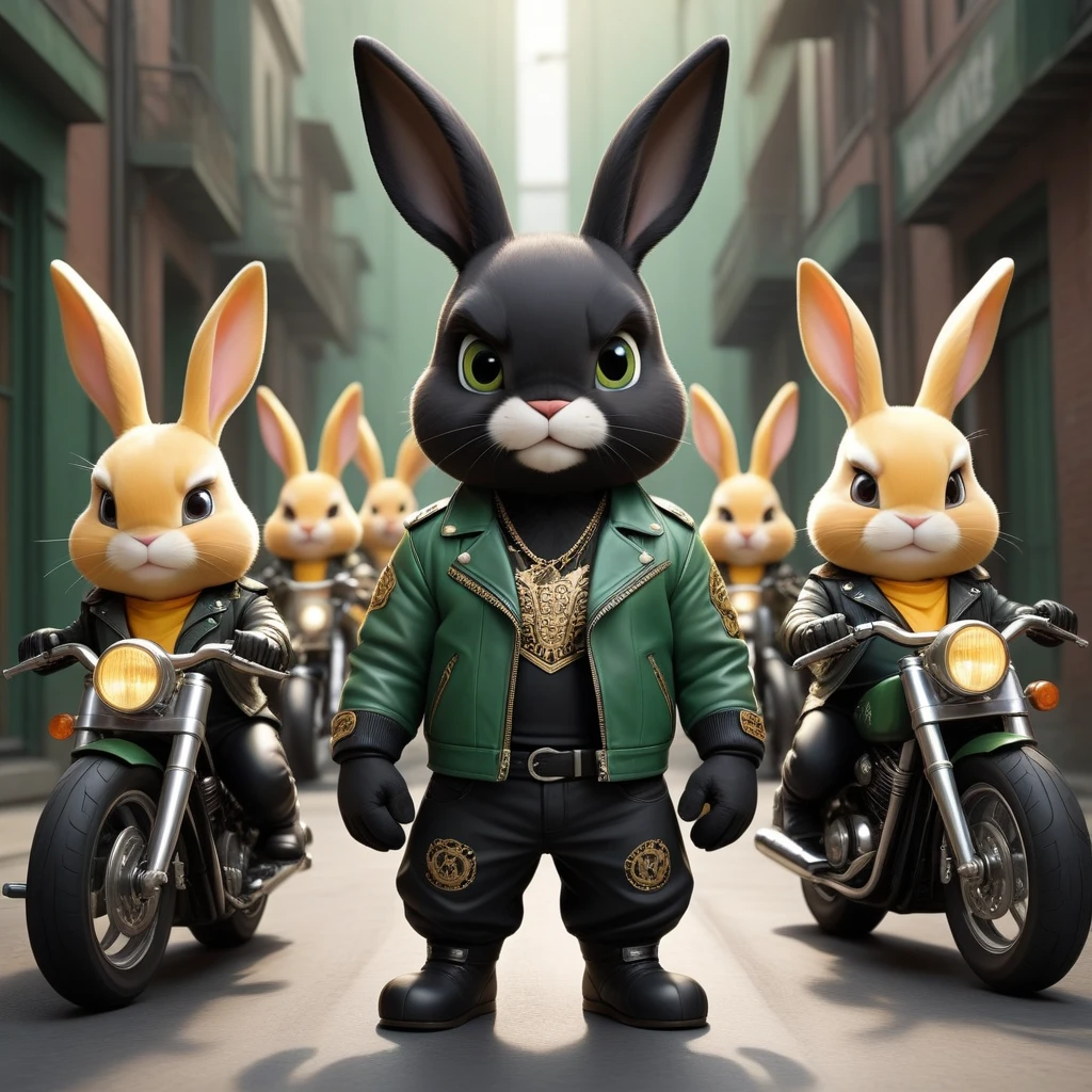 cartoon of (a tough rebel black golden bunny dressed as a gang of golden bikers, green leather jacket, Mohican:2.5), looking ahead at viewer, Symmetrical, chromatic fantasy, highy detailed, 8k, digitalpainting, oil painting, illustration, conceptual artwork, sharp focus, volumetric lighting, epic composition, CG Society, golden art station