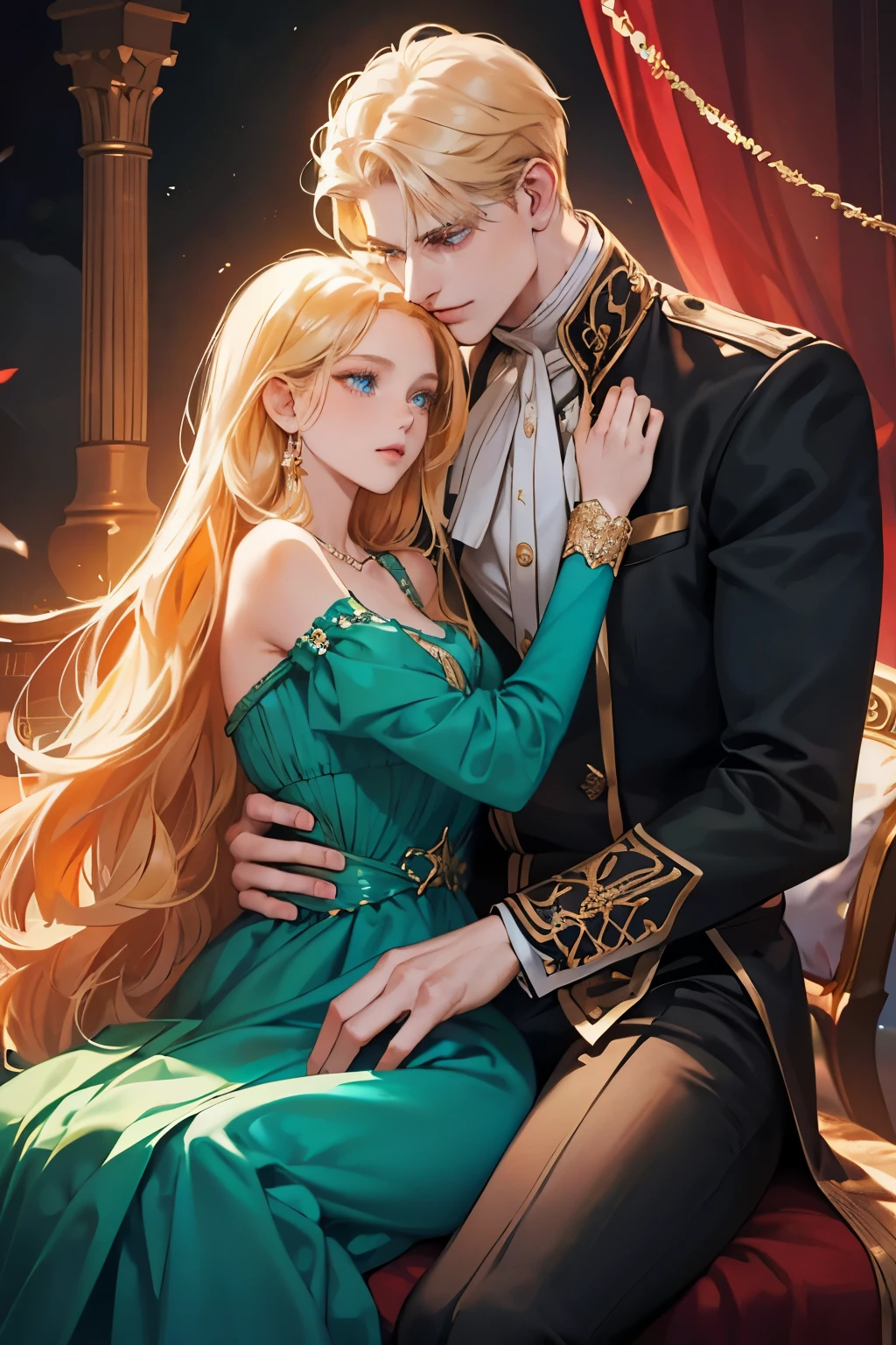 (masterpiece, a couple, high quality, best quality) The royal couple during the dance, The Guy is a perfect blond, blue-eyed aristocrat gave the impression of untouchability due to his overly bright facial features.A girl with long black hair, red eyes. Very close to each other. A girl in a beautiful dark green dress, a beautiful figure, very close to a guy, hugging excitedly, moonlight, beautiful facial features, desire, novel, couple, elegance. the cover of a novel for adults, good quality, sensual pose, lustful looks. the colors of the King,beautiful androgynous prince, knight and princess, delicate androgynous prince, romanticism art style, anime key visual of elegant, royal portrait, a girl with long black hair, resin-colored hair, red eyes, fair skin, light green dress. Background: The royal garden at night. Moon Lighting. Girl black hair red eyes, guy golden hair blue eyes, age 25, detailed face, manly man passionately hugs a girl, a girl is a princess of an enemy country with long black hair and red eyes, a man with golden hair and blue eyes, contrasting colors, passionate relationship, a girl in a green fitted dress with a neckline, a , male king in royal costume, after the ball, background of the royal garden, the lighting is cold, intimacy between the couple, passion. A very sexy man, . A girl is sitting on a man's lap, a passionate pose, a beautiful girl, a lot of details. Blond man, dark-haired girl, attraction between couple, sexy pose, addiction