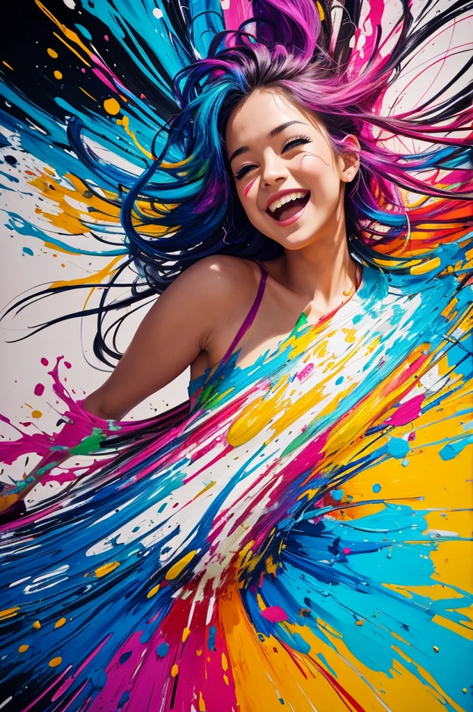(Best Quality,Ultra-detailed),(Realistic:1.37)Girl draws a picture,Smiling,Covered with paint,An impatient expression on his face,Artistic creativity,Joyful,Playful,Happy,expressive,Beautiful bright colors,imagination,Artistic talent,Passion for art,Colorful clutter,paint splatter,paint strokes,The Artist's Move,The Creative Process,Presentation of the final result,inspiration,Artistic creativity,Vivid imagination,Drawing tools,Artist's palette,canvas,Artistic expression,brush strokes,A creative journey,Artistic endeavors,Artistic performance,Creative energy,artistic atmosphere,Artistic creativity,Expressive features,Playful atmosphere,Artistic playfulness,Live Art Scene,Artistic triumph,Dynamic composition,Living works of art,Colorful & Vibrants,The result of artistic expression,Energetic manner of writing,A colorful masterpiece.