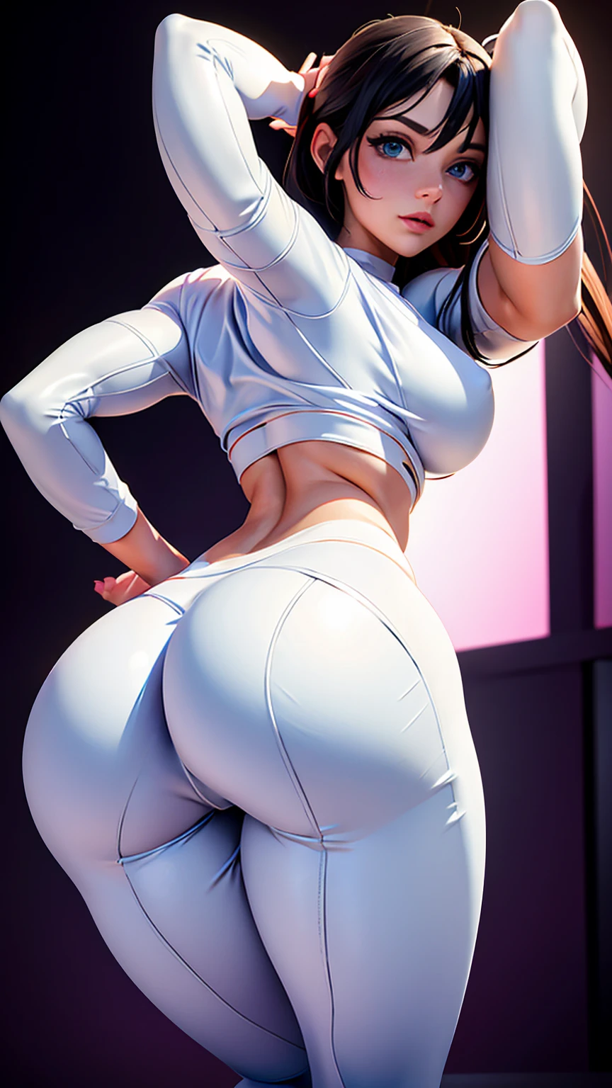 A woman wearing a tight white t-shirt, revealing her underboob, tight leggings, turning back to the camera, perfect breasts, big ass, detailed facial features, beautiful eyes, photorealistic, 8k, high quality, masterpiece, chiaroscuro lighting, cinematic, dramatic colors