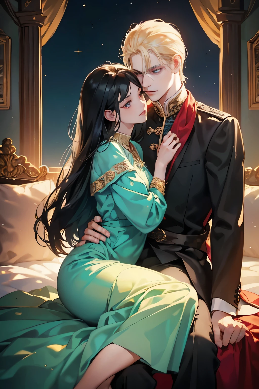 (masterpiece, a couple, high quality, best quality) The royal couple during the dance, The Guy is a perfect blond, blue-eyed aristocrat gave the impression of untouchability due to his overly bright facial features.A girl with long black hair, red eyes. Very close to each other. A girl in a beautiful dark green dress, a beautiful figure, very close to a guy, hugging excitedly, moonlight, beautiful facial features, desire, novel, couple, elegance. the cover of a novel for adults, good quality, sensual pose, lustful looks. the colors of the King,beautiful androgynous prince, knight and princess, delicate androgynous prince, romanticism art style, anime key visual of elegant, royal portrait, a girl with long black hair, resin-colored hair, red eyes, fair skin, light green dress. Background: The royal garden at night. Moon Lighting. Girl black hair red eyes, guy golden hair blue eyes, age 25, detailed face, manly man passionately hugs a girl, a girl is a princess of an enemy country with long black hair and red eyes, a man with golden hair and blue eyes, contrasting colors, passionate relationship, a girl in a green fitted dress with a neckline, a , male king in royal costume, after the ball, background of the royal garden, the lighting is cold, intimacy between the couple, passion. A very sexy man, . A girl is sitting on a man's lap, a passionate pose, a beautiful girl, a lot of details. Blond man, dark-haired girl, attraction between couple, sexy pose, addiction