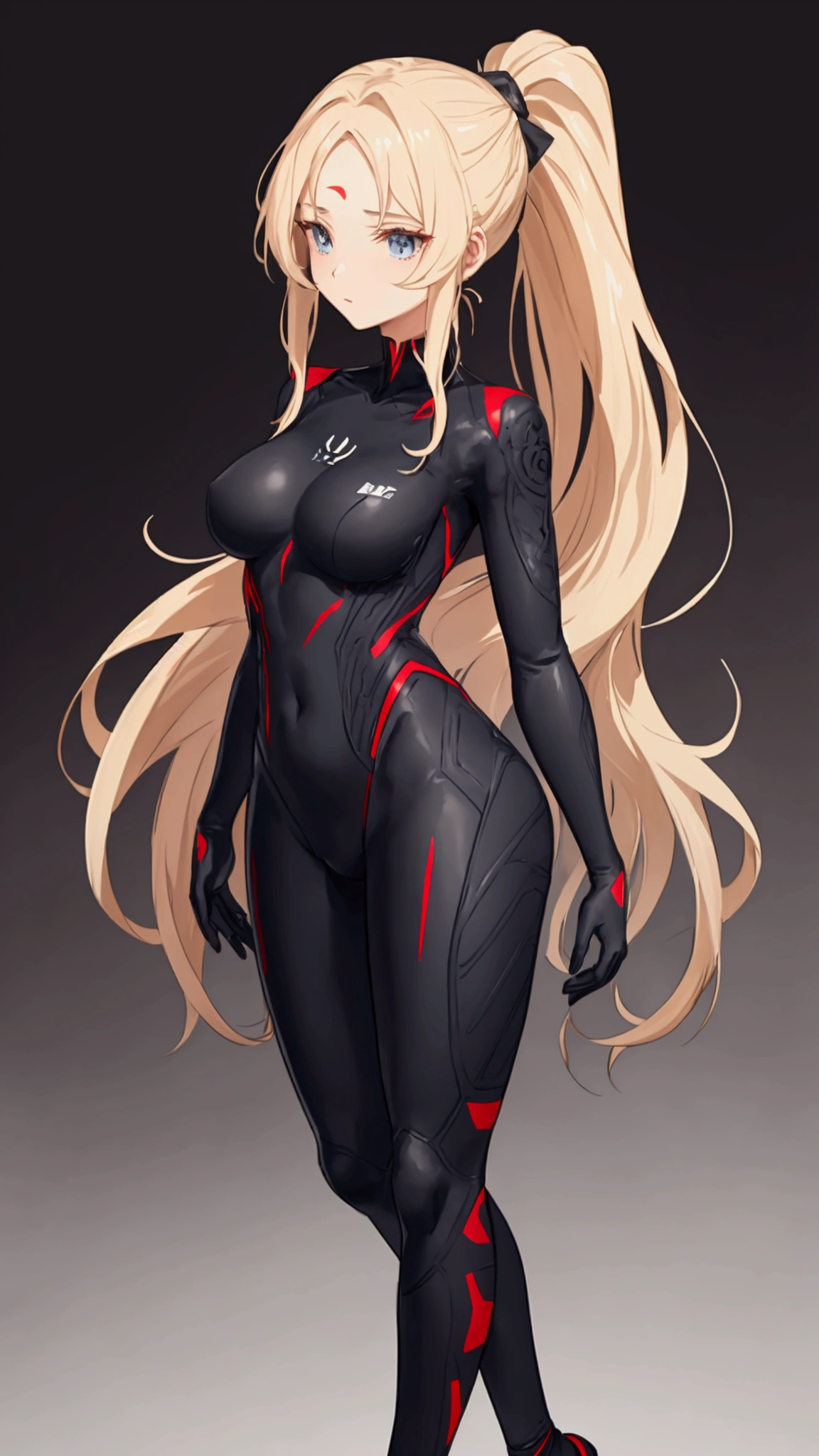 The character has light hair tied in a high ponytail., with loose strands in the front that fall on her forehead like bangs.
As for the suit, it is a full body tight jumpsuit, with a design that appears to be for combat or training. The suit has long sleeves and has geometric details on the chest and arms. There is a pattern on the torso that appears to be a number or a large letter, standing out with a black and white design. The lines and color blocks of the suit highlight the structural details and give it a functional and stylish look.