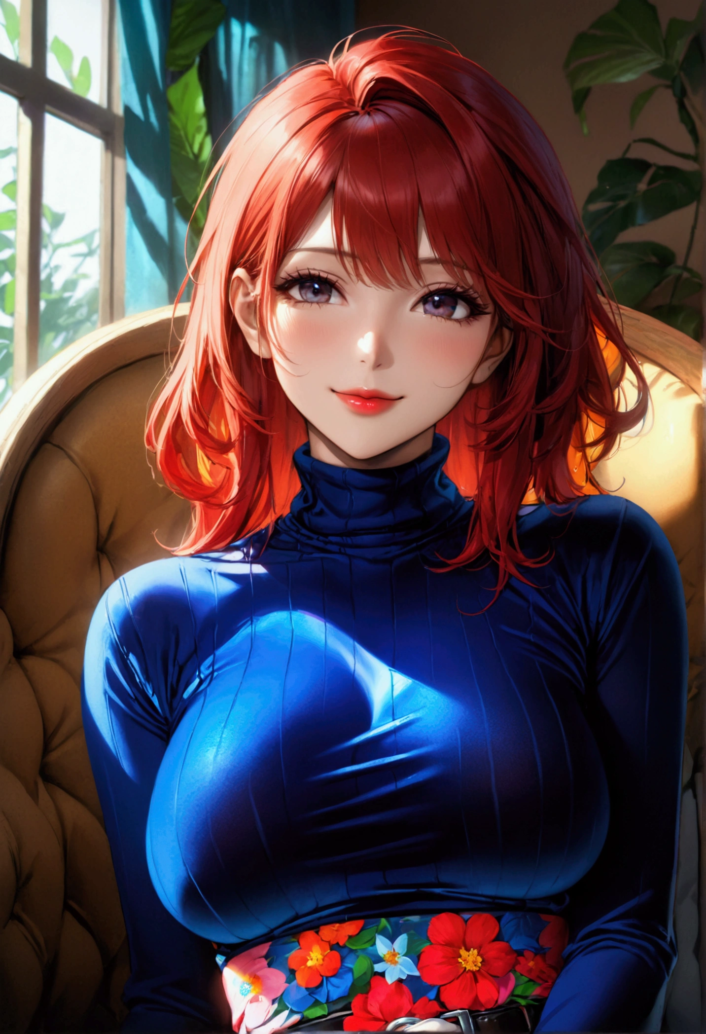A aroused woman with voluptuous toned figure, firm round 34DDD sized breasts, erected nipples, red lips, and straight red hair, wearing an extreme skintight turtleneck velour blue blouse with a belt and a colorful floral skirt, sitting and smiling, high quality, detailed face portrait, photorealistic, 8k, vivid colors, warm lighting, intricate details, hentai, waifu, full body view