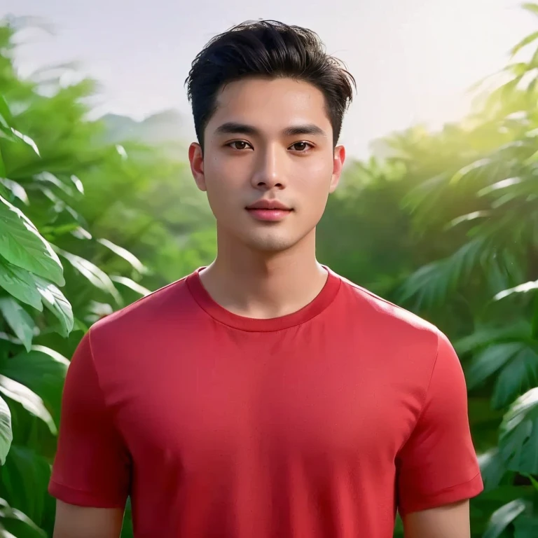 A Southeast Asian man with a round face., Double eyelids, big eyes, black eyes, Standing wearing a necklace in front of a waterfall, high quality vertical, Headshot profile picture, Charming and good looking, There is a waterfall., รูปProfile pictureรูปภาพแนวตั้ง, waterfall in the background, beautiful young man, There is a waterfall., Handsome and charming, Profile picture, handsome man, Aykut Aydodu, cute young man, Waterfall backdrop