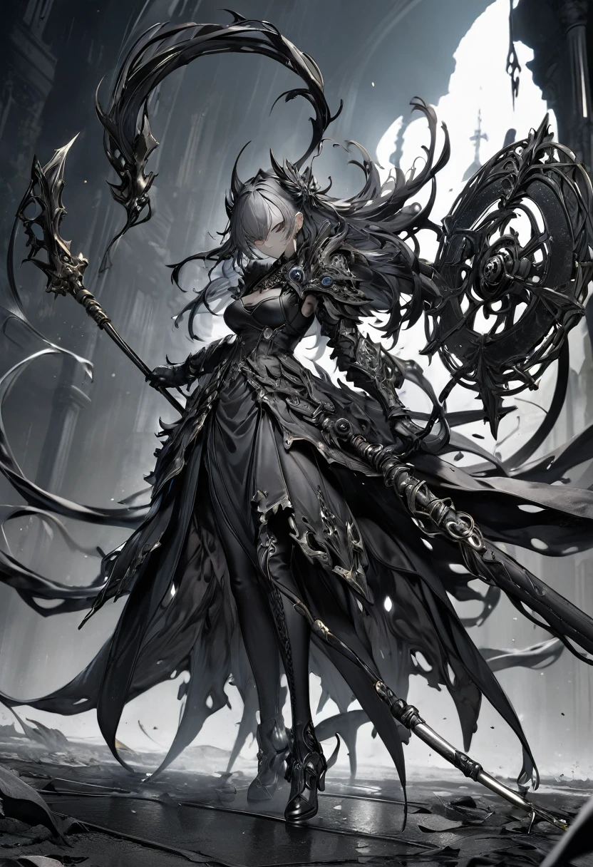 masterpiece, 8k, best quality, highly detailed, a whip weapon made of pitch black leather with grey deathblight surrounding it