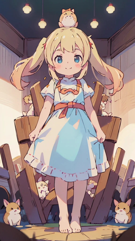 ((masterpiece))((Highest quality))girl、smile、blush、Flat Chest、Are thin、Blonde Hair、blush、Are standing、Whole body image、Eye level to the feet、front、No background、真frontのアングル、Alice Clothing、Twin tails