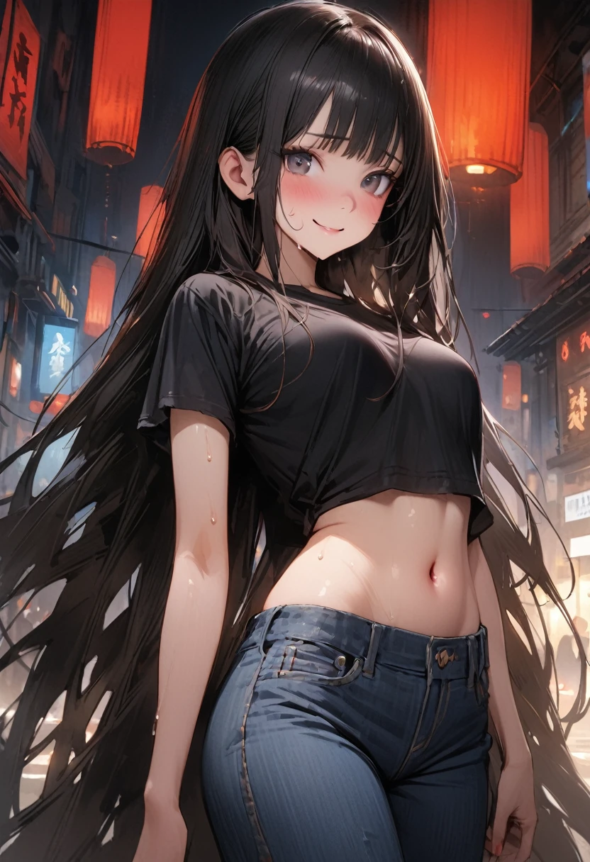 ((masterpiece,Highest quality:1.3,best quality illustration)),realistic,cowboy shot,独奏,1woman,(18 year old beauty),black hair,long hair,bangs,black eyes,gorgeous big eyes,((very small head:1.3)),shy,smile,((very long body:1.2,skinny)),medium breasts,(Cropped short-sleeve black T-shirt、navel、Wide denim pants),sweat,gleaming skin,toned body,slender body,standing,World of Blade Runner、