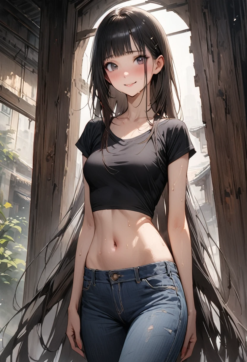 ((masterpiece,Highest quality:1.3,best quality illustration)),realistic,cowboy shot,独奏,1woman,(18 year old beauty),black hair,long hair,bangs,black eyes,gorgeous big eyes,((very small head:1.3)),shy,smile,((very long body:1.2,skinny)),medium breasts,(Cropped short-sleeve black T-shirt、navel、Wide denim pants),sweat,gleaming skin,toned body,slender body,standing,World of Blade Runner、