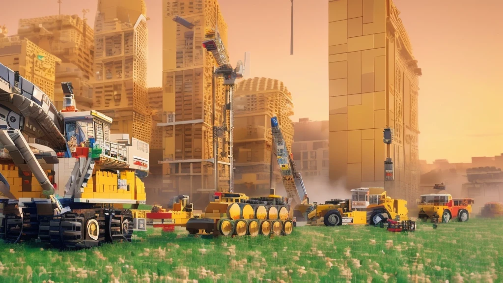 LEGO, peças de LEGO, LEGO contruções, there are many construction equipment that are on the grass, construction, construction yard, construction site, groundbreaking, Realistic Scene, 2 0 2 2 photo, robot in construction, photo rendering, um hyperrealisti, publicity photo, transportation design rendering, Digital rendering, muita construction, big tubes, hyperrealisti, hyperrealisti, highly photographic rendering