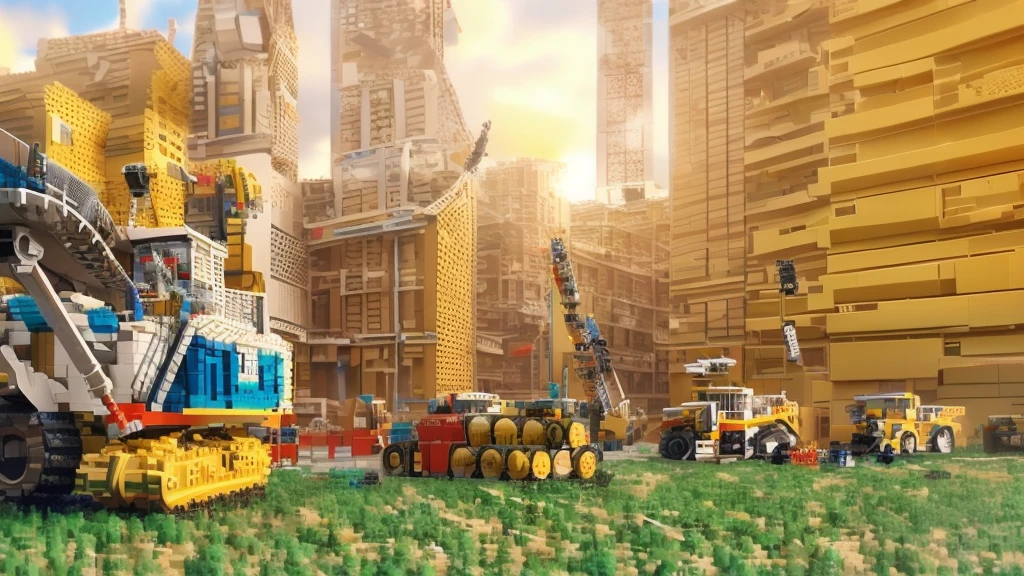 LEGO, peças de LEGO, LEGO contruções, there are many construction equipment that are on the grass, construction, construction yard, construction site, groundbreaking, Realistic Scene, 2 0 2 2 photo, robot in construction, photo rendering, um hyperrealisti, publicity photo, transportation design rendering, Digital rendering, muita construction, big tubes, hyperrealisti, hyperrealisti, highly photographic rendering