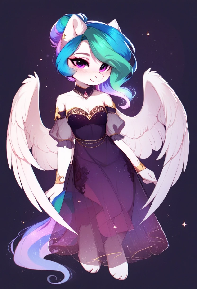 check_9, check_8_up, check_7_up, source_fluffy, rating_safe, from Magnaluna, Celestia poses seductively in a white bedroom, hair bun with bangs, pink eyes, white body, anthro, blushing, wearing purple see through dress, full body