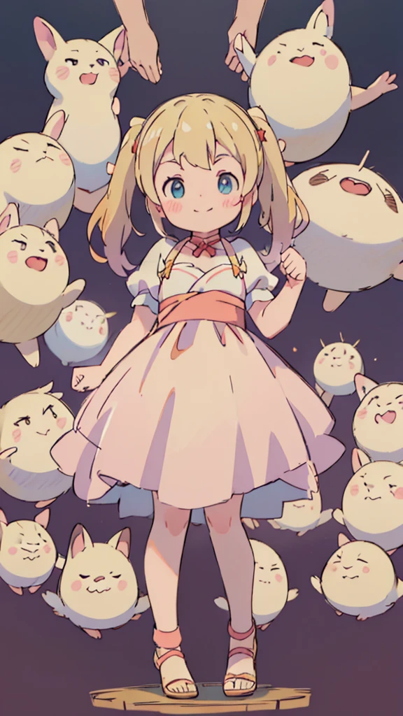 ((masterpiece))((Highest quality))girl、smile、blush、Flat Chest、Are thin、Blonde Hair、blush、Are standing、Whole body image、Eye level to the feet、front、No background、真frontのアングル、Alice Clothing、Twin tails