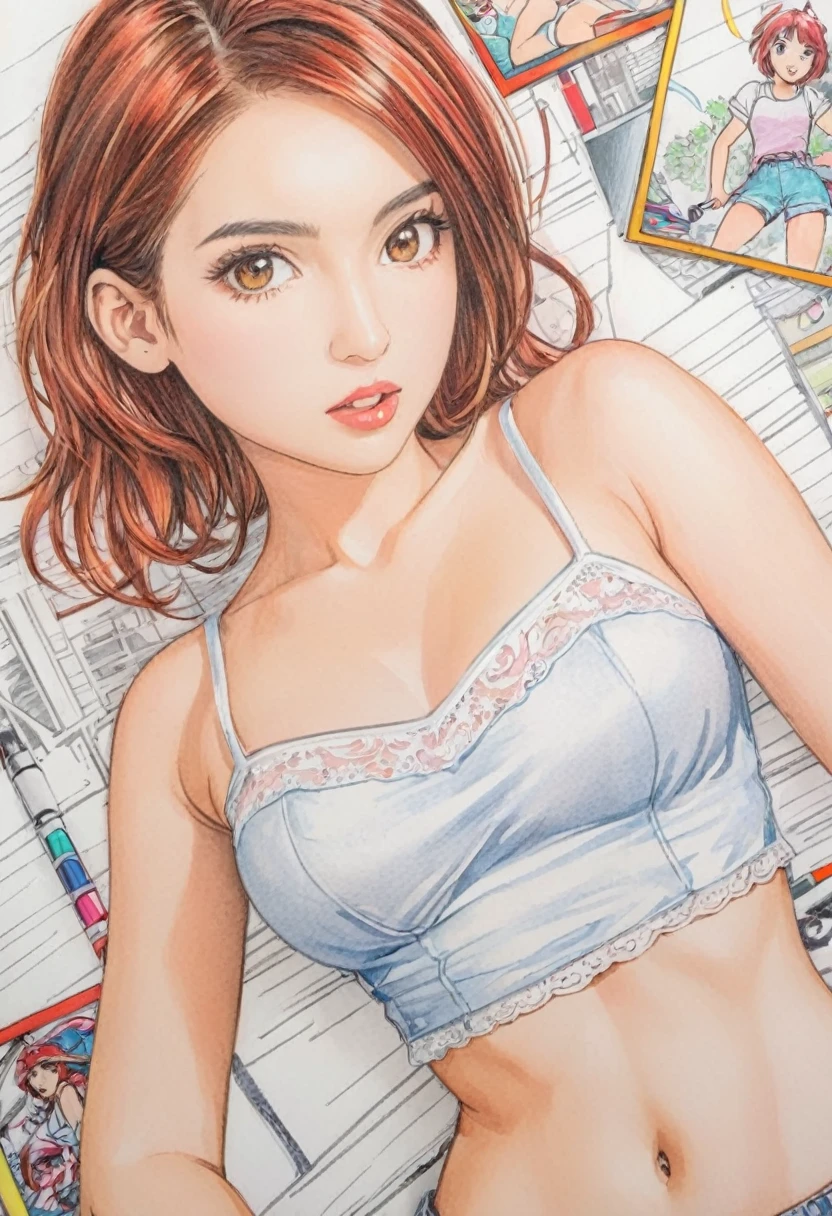 female,short camisole,white,Art,ad,colour pencil drawing,draft drawing ,comic collage