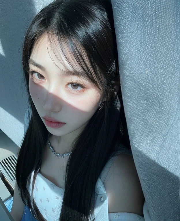 Kim Jennie with white brown hair, with curlers at the ends, all her white hair brown, with a star clip in her white brown hair, light colored eyes, pretty eyes, crying eyes, pretty, upturned nose, watery nose, Pretty lips, pink lips, heart and cupid shaped lip, pretty skin, pale, White skin, with moles and freckles all over his face, soft pink blush on the cheeks, natural pink blush, soft pink makeup, Jennie, nice neck, marked collar, frown, tender look, with a kiss necklace, a pretty kiss necklace, similar to Yumeko Jabami, while wearing a Crochet YK2, woolen, with a YK2 style brown miniskirt, while wearing a jacket with bear prints, while having a bare abdomen, Delgado, marked and pretty, (big breasts, soft breasts, nice breasts), while she is cosplaying the character Yumeko Jabami, The anime Kakegurui, looking to the camera, autophoto, hermosa selfie