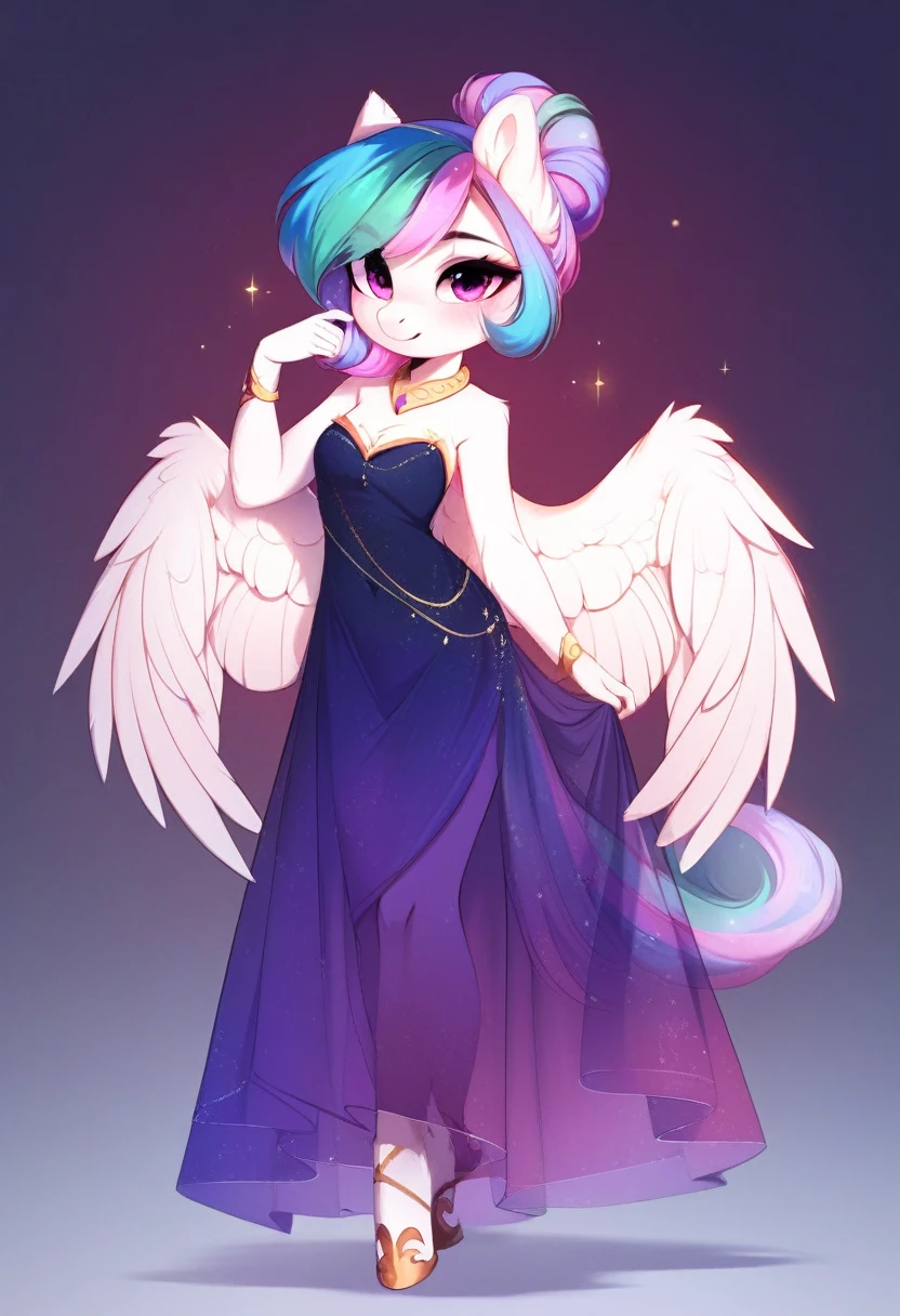 check_9, check_8_up, check_7_up, source_fluffy, rating_safe, from Magnaluna, Celestia poses seductively in a white bedroom, hair bun with bangs, pink eyes, white body, anthro, blushing, wearing purple see through dress, full body