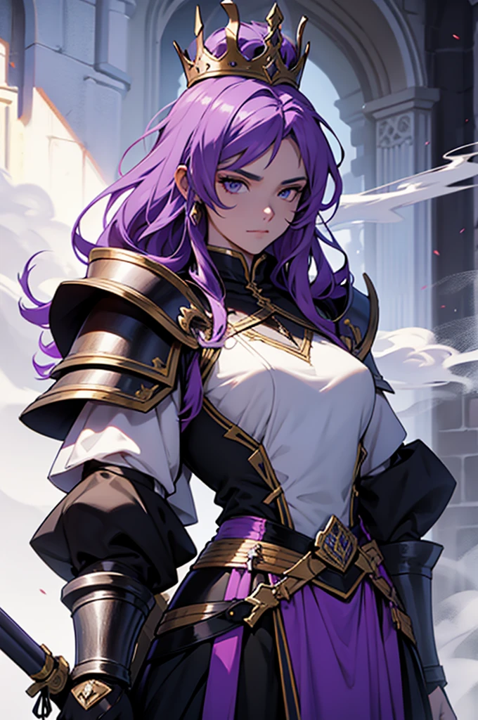 draw a drawing of a queen wearing black armor and carrying a purple sword emitting smoke