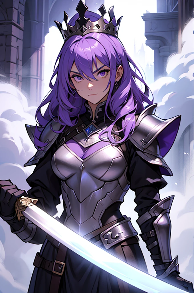 draw a drawing of a queen wearing black armor and carrying a purple sword emitting smoke