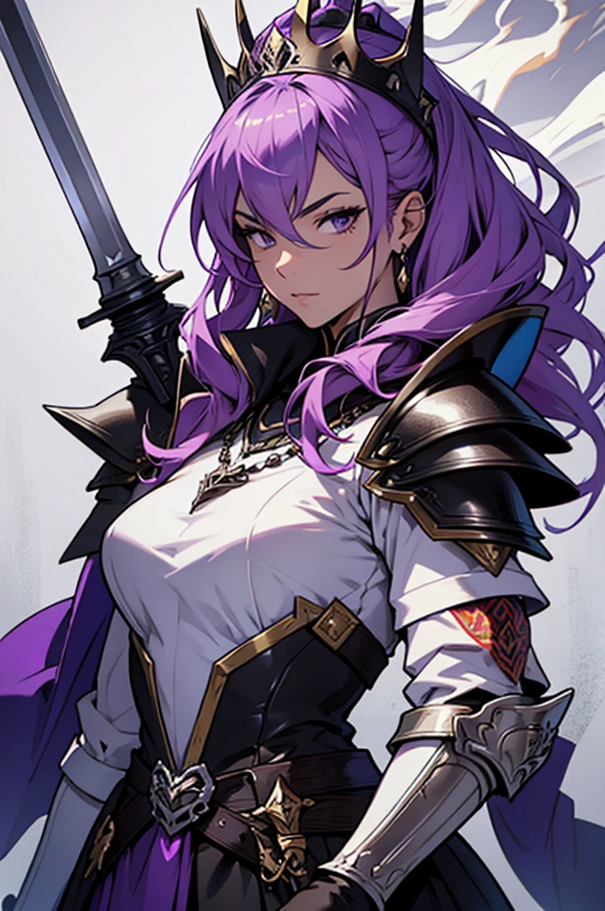 score_9, score_8_up, score_7_up, score_6_up, uncensored, monster girl, purple hair, absurdly long hair, purple eyes, snake hair, claws, naughty face, shiny skin, sweating, BREAK (masterpiece:1.2), best quality, high resolution, unity 8k wallpaper, (illustration:0.8), (detailed eyes:1.3), perfect lighting, extremely detailed CG, (perfect hands, perfect anatomy), jewelry, earrings, sword, weapon, 1girl, solo, armor, sheath, breasts, hand_on_hip, belt, large_breasts, grey_background, shoulder_armor, pauldrons, gloves, holding,