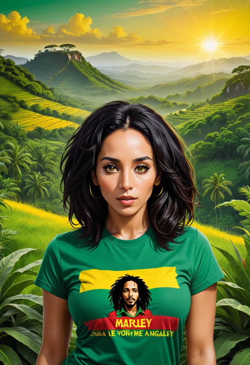 Extroverted woman in reggae style clothes, brunette black hair and black eyes with green landscape background, yellow and red, bob marley t-shirt