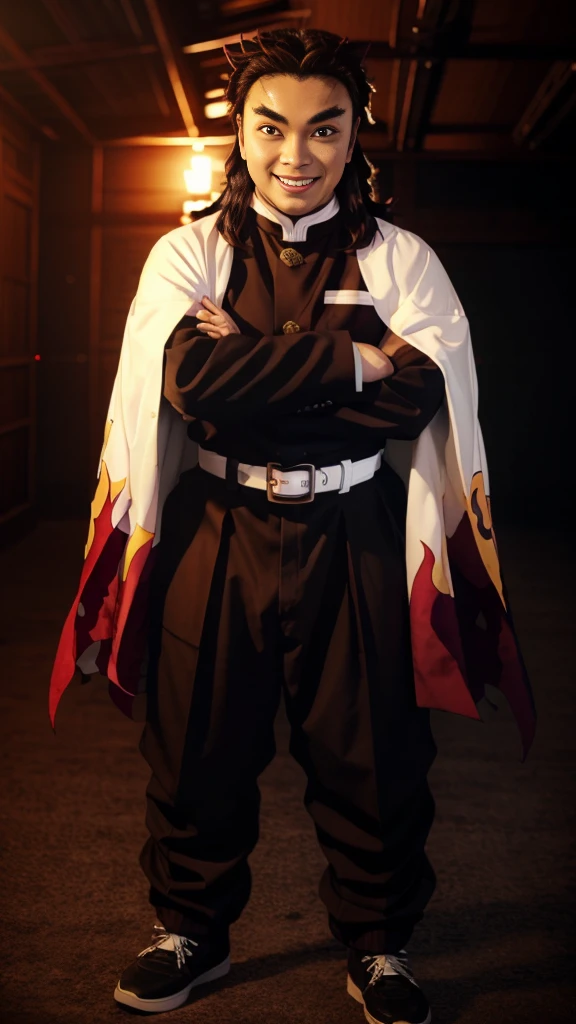 score_9, score_8_up, score_7_up, source_anime, solo, male focus, 1boy, rengoku kyojuro, grin, looking at viewer, forked eyebrows, demon slayer uniform, black jacket, long sleeves, white cape, black pants, belt, fire, full body, standing,idle