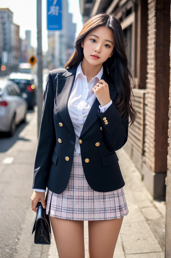 the prettiest face of a 17 year old actress, perfect proportions of female body, blazer is worn on shirt, panties are seeable thanks to skirt is too short, female crotch between legs, in the city, standing, nsfw, best quality, highly detailed, masterpiece, ultra high res, photo realistic, 8k