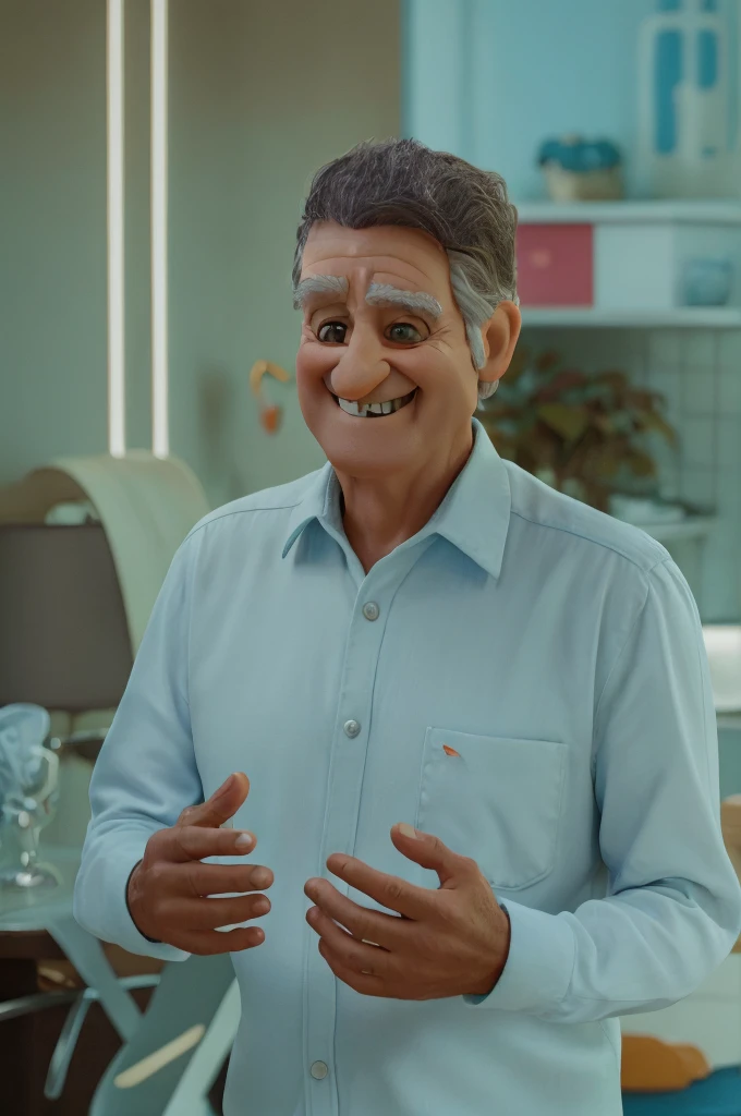 older man with big happy smile with hands showing happy smile with colors and vibes pixar diney style