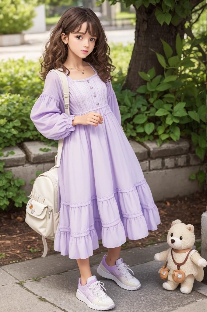 The character has brown, curly hair., honey-colored eyes, He is of medium height and has a delicate build.. She wears a lilac dress with white details, sneakers and an enchanted backpack with small magical accessories.