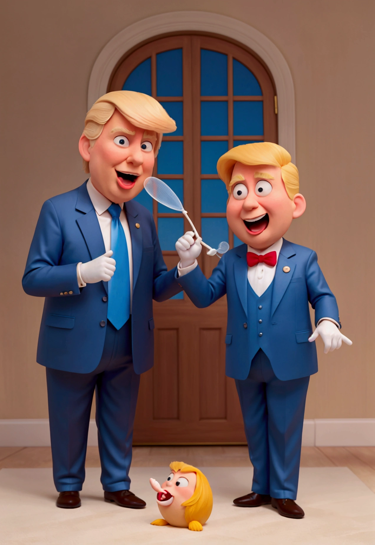 A humorous and whimsical illustration of President Donald Trump, in the Disney-Pixar style, with a playful touch: he is swatting away a mosquito that is in his ear. Trump sports a bright smile, a bold hairstyle and his signature suit. The overall tone of the image is lighthearted and fun while maintaining a sense of familiarity with the real-life figure.
