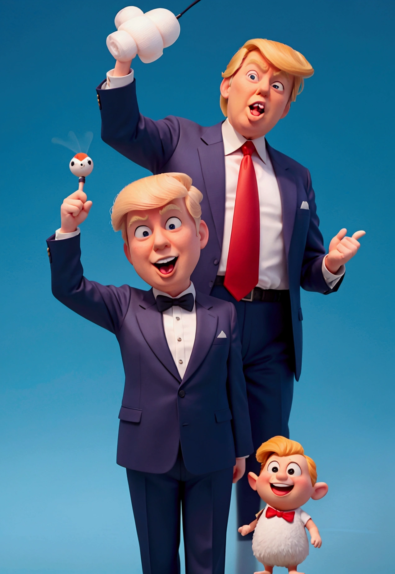 A humorous and whimsical illustration of President Donald Trump, in the Disney-Pixar style, with a playful touch: he is swatting away a mosquito that is in his ear. Trump sports a bright smile, a bold hairstyle and his signature suit. The overall tone of the image is lighthearted and fun while maintaining a sense of familiarity with the real-life figure.