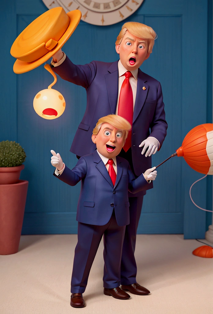 A humorous and whimsical illustration of President Donald Trump, in the Disney-Pixar style, with a playful touch: he is swatting away a mosquito that is in his ear. Trump sports a bright smile, a bold hairstyle and his signature suit. The overall tone of the image is lighthearted and fun while maintaining a sense of familiarity with the real-life figure.