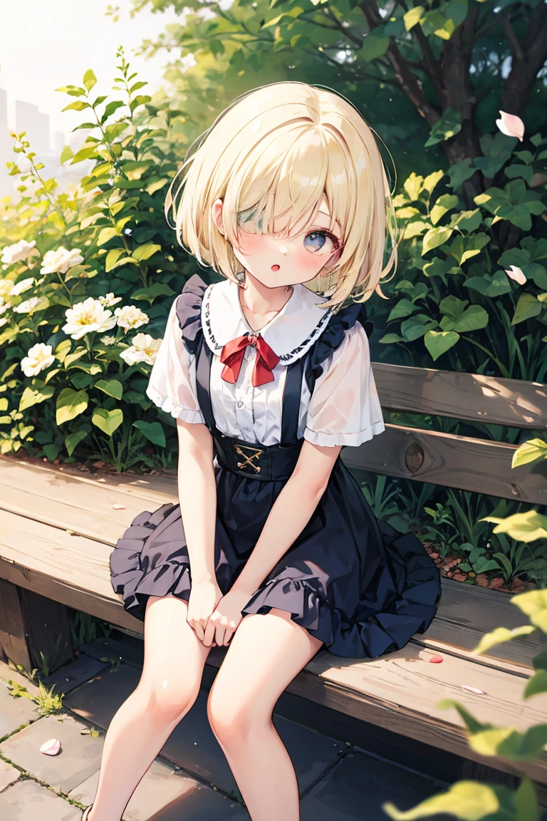 ((solo:1.2)),cute girl sitting on bench in garden,frilled dirndl,from above,looking up,cobblestone pavement,blonde hair,fine bob cut,(hair over one eye),(dappled sunlight:1.2),blurry,(depth of field:1.1),head tilt,:o,(petals),tree,butterfly, barefoot, panties visible