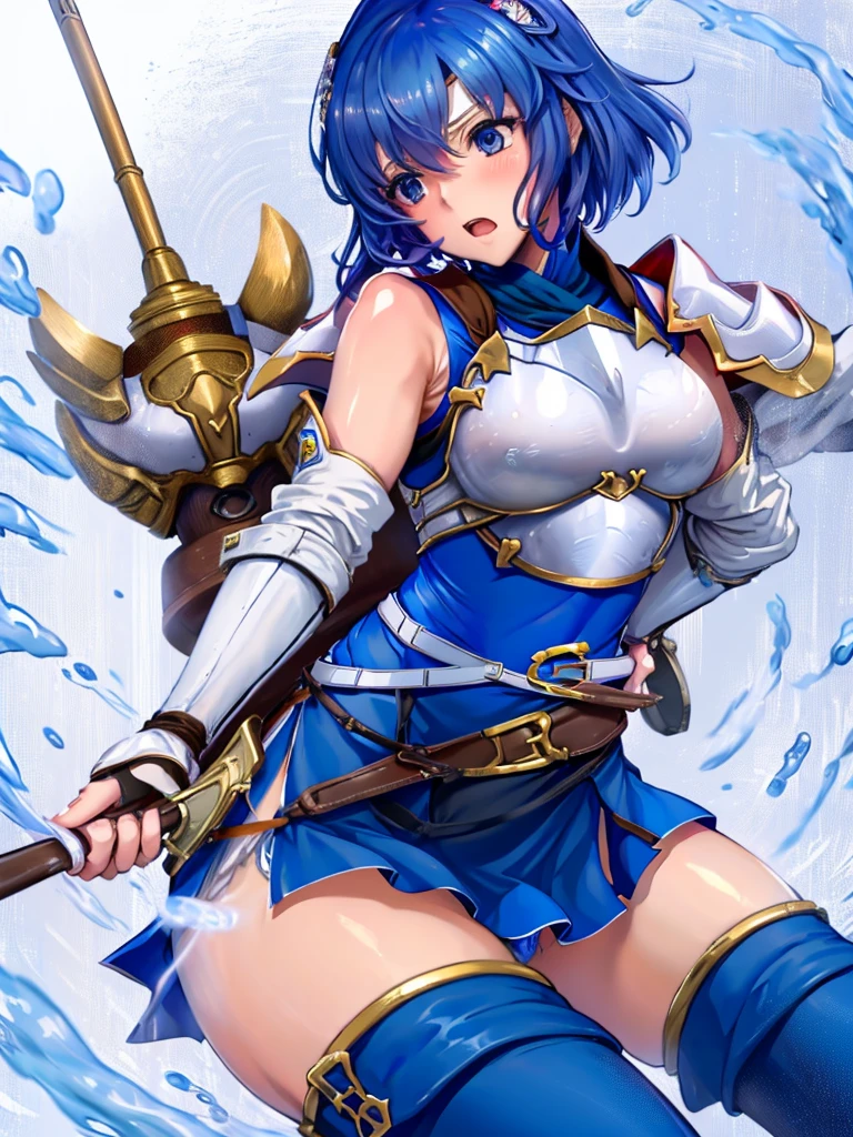 (White background:1.2),1girl,BREAK,Blue Hair, short hair, blue eyes, cute, Narrow waist, small, Toned Up, Large Breasts, Bare shoulders, Red neckerchief, Blue elbow gloves, Blue fingerless gloves, Pauldrons, belt, breastplate, White headband, Short dress, Dress slit, Blue tight boots, Blue long boots, Pegasus Knight Uniform (Fire emblem), low length,blush,Open your mouth,(Her skirt is lifted up and her panties are visible,Blue panties:1.3)