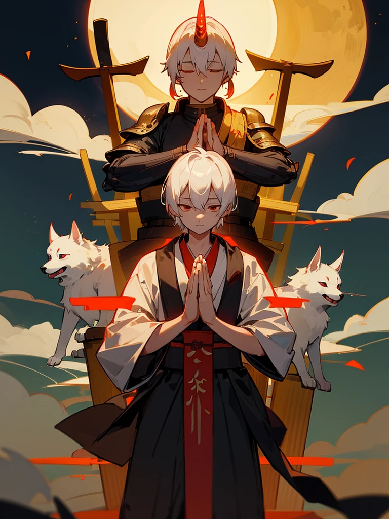 Buddha,Burning Eyes, horn, white short hair, black armor, torii, man, full moon, hands together in prayer, Zen meditation Golden guardian dog Japanese sword