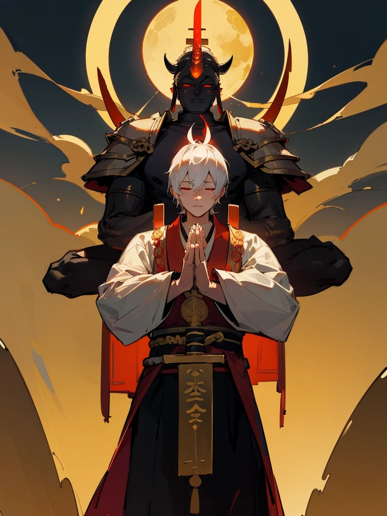 Buddha,Burning Eyes, horn, white short hair, black armor, torii, man, full moon, hands together in prayer, Zen meditation Golden guardian dog Japanese sword