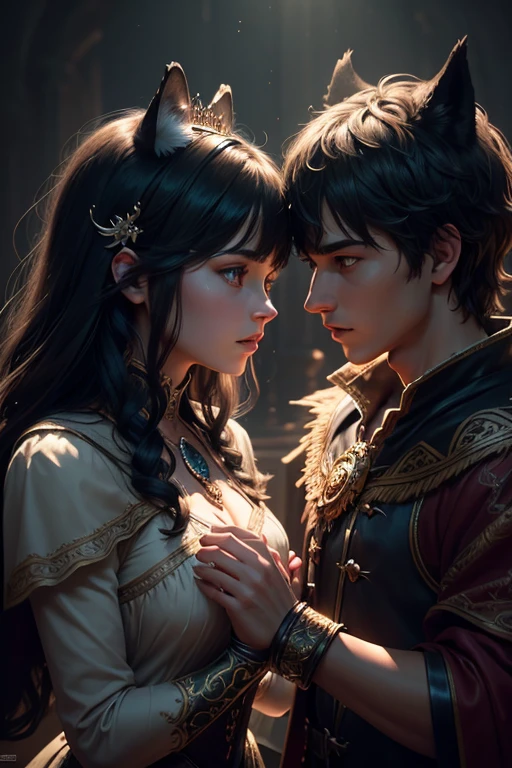 a teenage female and male shadow holding hands,looking at each other,both wearing royalty crowns,female with black hair,black wolf ears and tail,male with short dark brown hair,wolf ears and tail,(best quality,4k,8k,highres,masterpiece:1.2),ultra-detailed,(realistic,photorealistic,photo-realistic:1.37),fantasy,digital art,highly detailed,exquisite details,cinematic lighting,dramatic colors,volumetric lighting,intricate details,chiaroscuro lighting,dramatic shadows,dramatic colors,vibrant colors