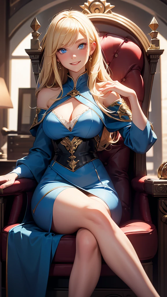 1 girl, blonde with blue eyes, in a dark expensive dress, sitting in an expensive chair in his office, one leg crossed over the other, leans on the armrest, crazy smile. medieval fantasy