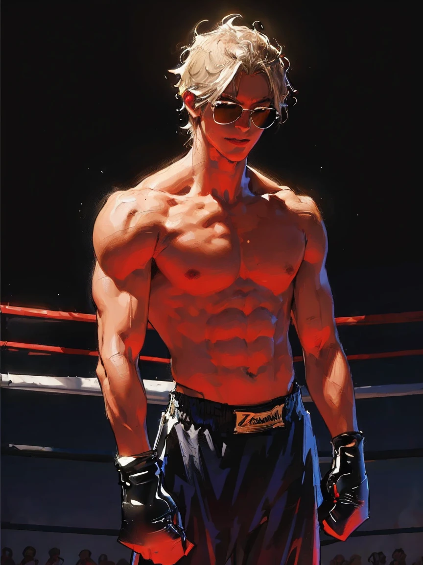 realistic,(masterpiece,top Quority,Best quality,Official art,Beauty:1.2),He is very detailed,s fractal art,Color,more detailed,zentangle,(Abstract backgrounds:1.5)(1:1.3),hair light blonde,Short detailed hair,(blue sunglasses, tall and strong,Abistic,Handsome man, a man with a boxing glove on his chest and a red light behind him is a ring of ropes, Choi Buk, rossdraws global illumination , concept art, sots art